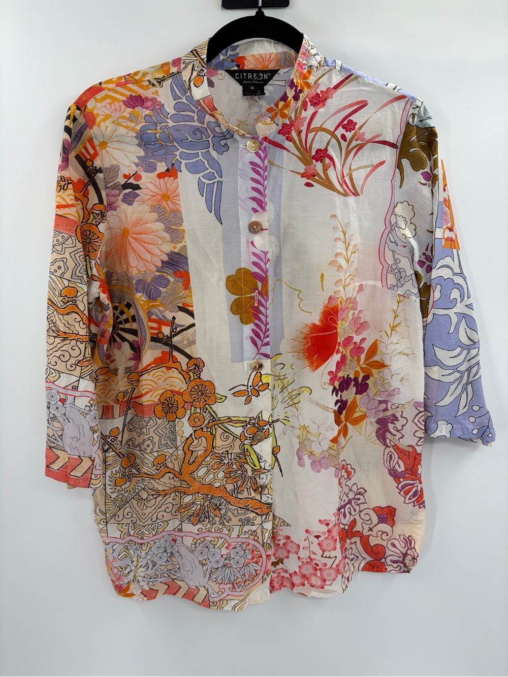Citron Santa Silk blend Floral Patchwork Boho Art button front blouse medium